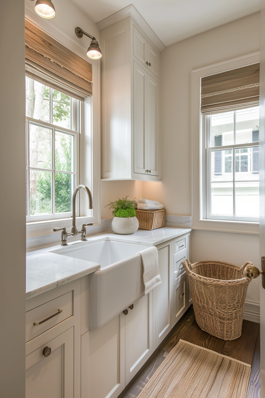 Bright, sunlit laundry room with a farmhouse sink, white cabinets, greenery, and a woven laundry basket.