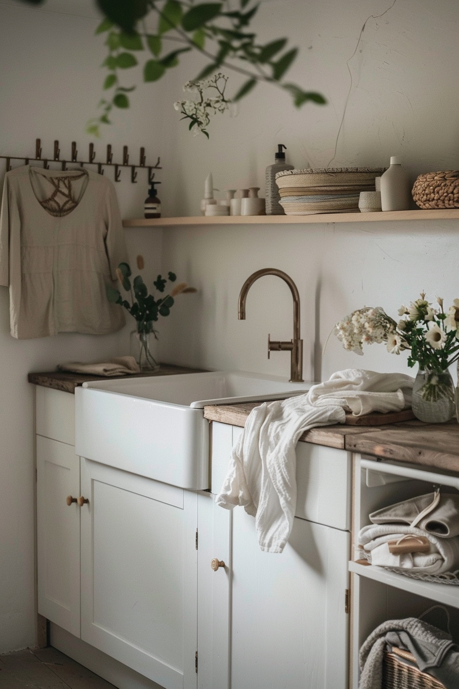 A cozy laundry room with white cabinetry, wooden countertops, and rustic home decor accents.