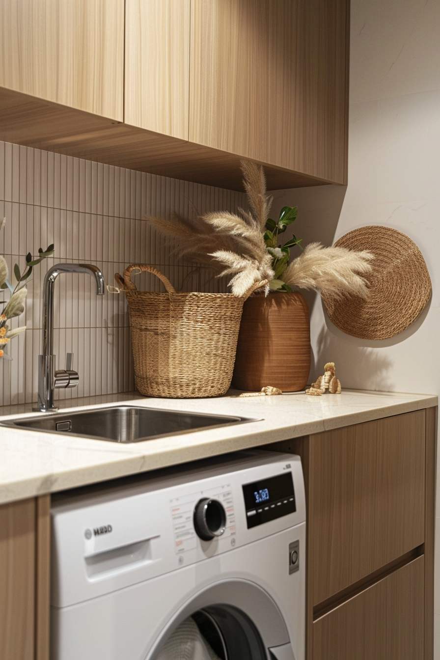 Modern kitchen interior with wicker baskets, pampas grass in a vase, and a washing machine under a countertop.