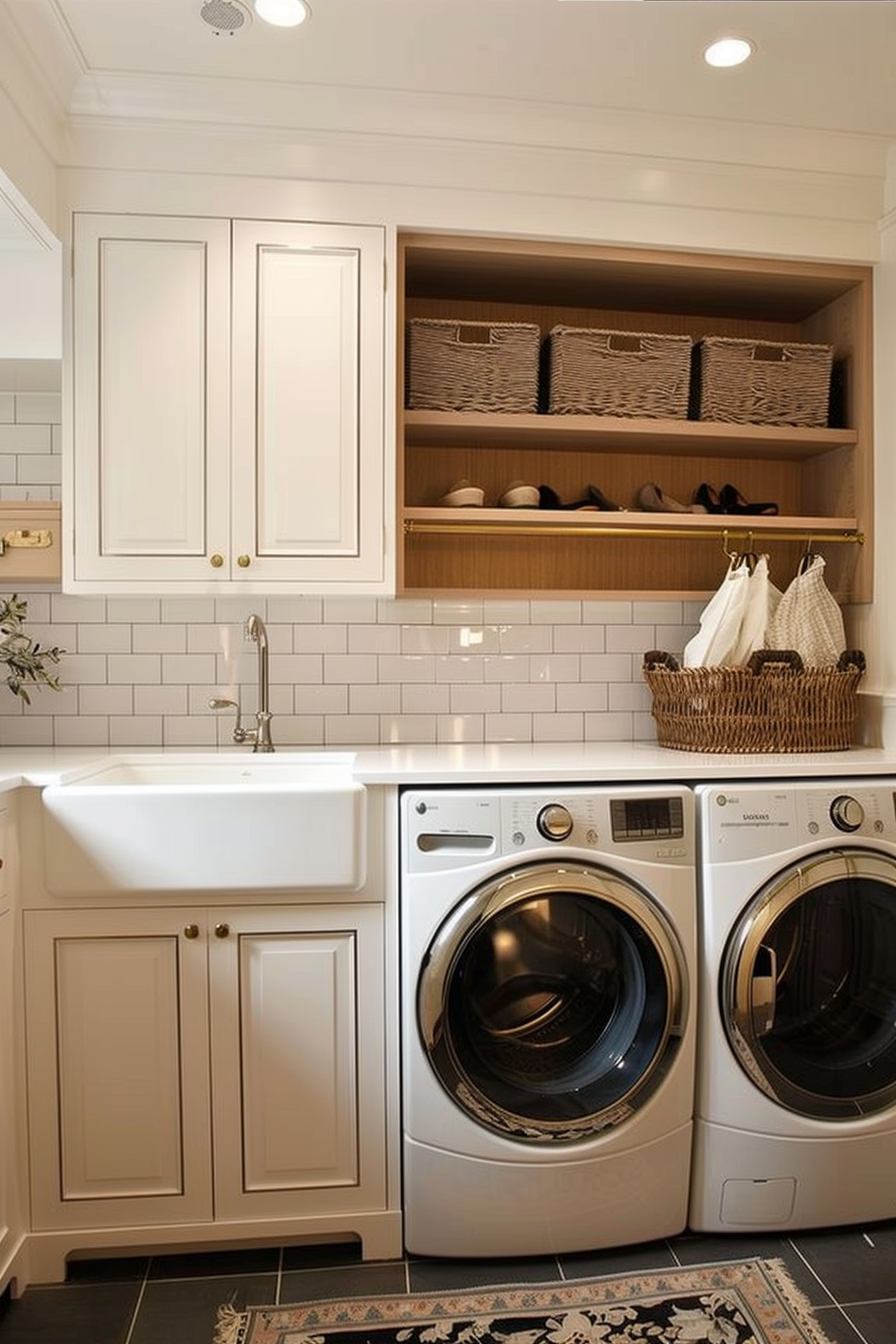 Modern laundry room with white cabinetry, front-loading washer and dryer, subway tiles, and storage baskets.