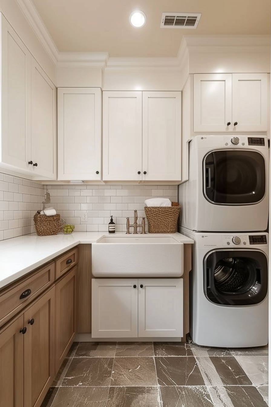 Modern laundry room with white cabinetry, farmhouse sink, subway tiles, and stacked washer and dryer.