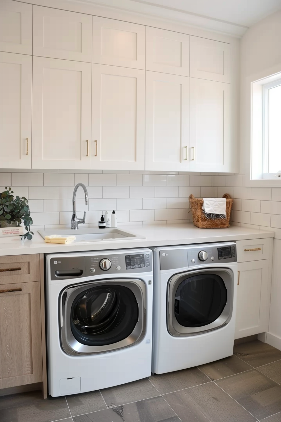 Modern laundry room with white cabinets, subway tile backsplash, and front-loading washer and dryer.