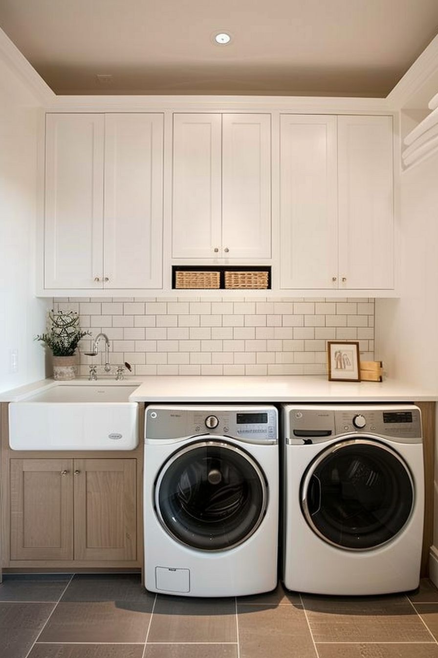 Modern laundry room with white cabinets, subway tiles, farmhouse sink, and front-loading washer and dryer.