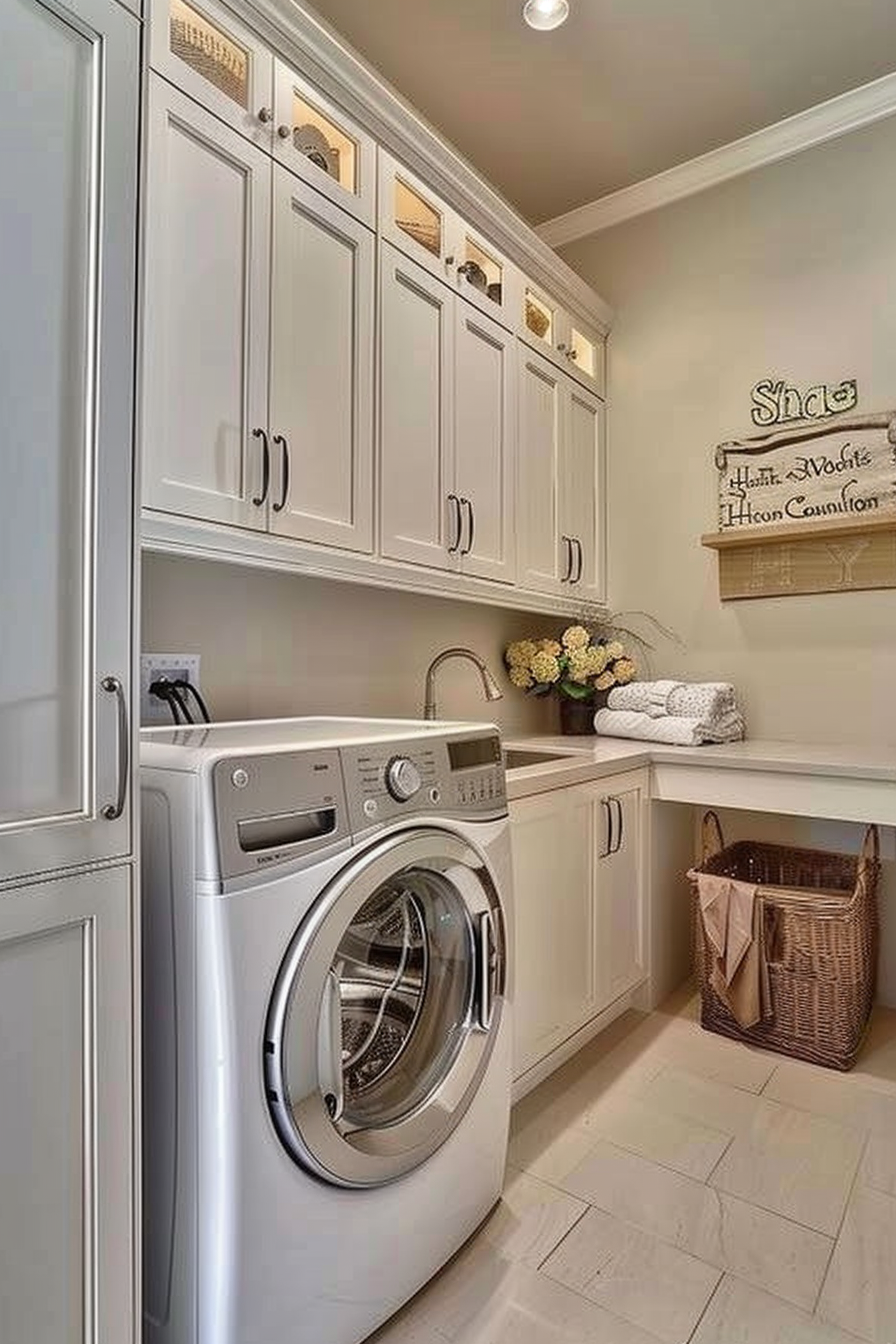 A modern laundry room with white cabinetry, front-loading washer, and decorative sign above.