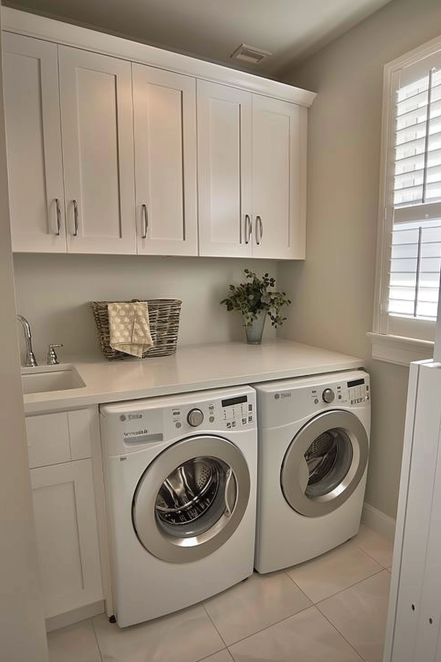 Modern laundry room with white cabinetry, washer, dryer, sink, and decorative basket on countertop.