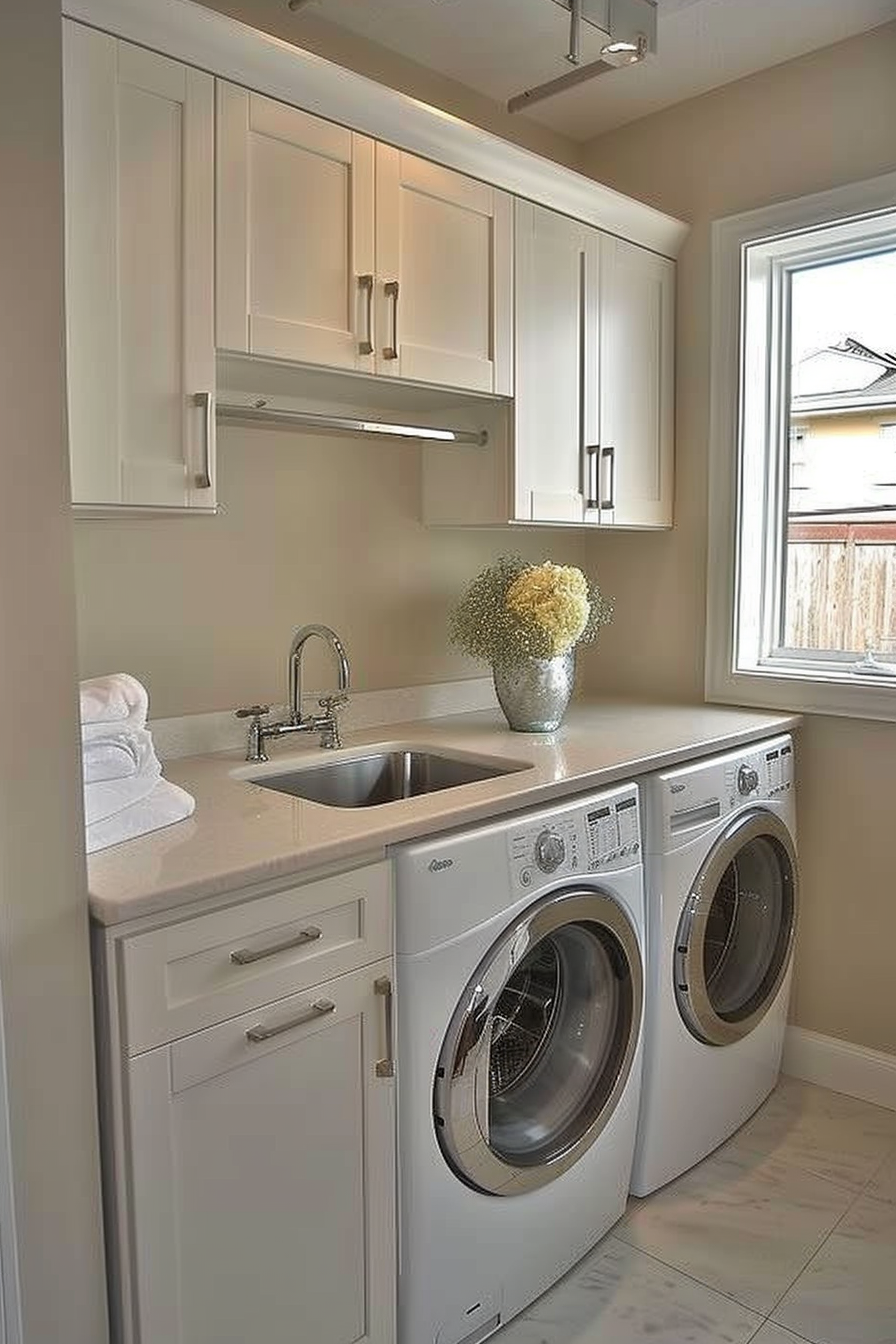 Modern laundry room with stacked washer and dryer, white cabinetry, sink, and a vase of hydrangeas by the window.