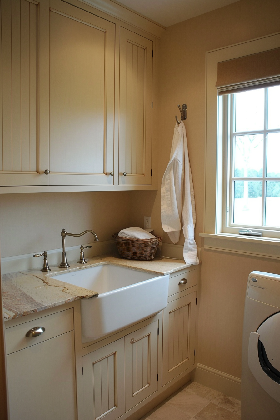 A laundry room with beige walls, white cabinetry, a farmhouse sink, and a front-loading washing machine.