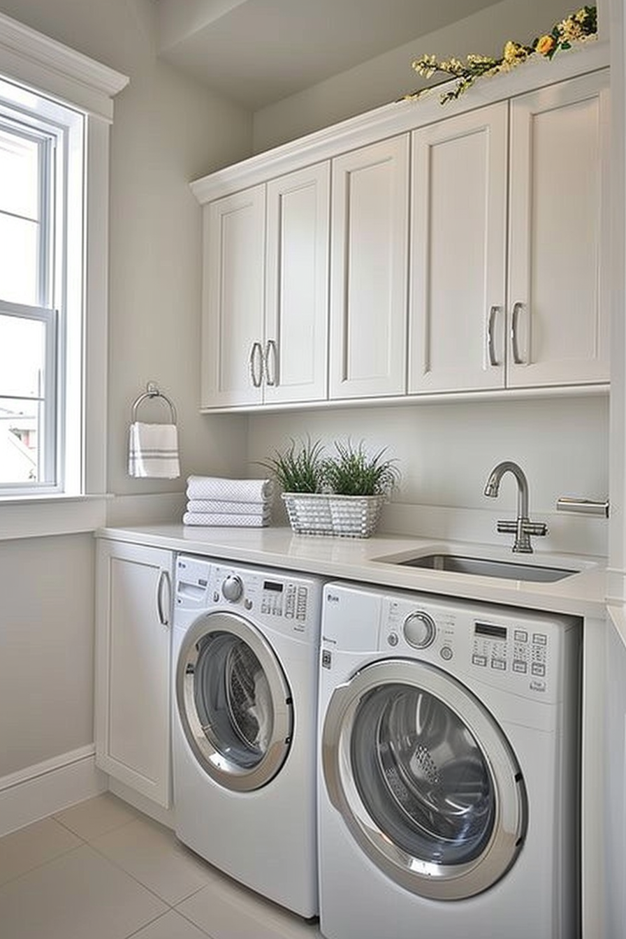 Modern laundry room with white cabinets, front-load washer and dryer, sink, and decorative plants.