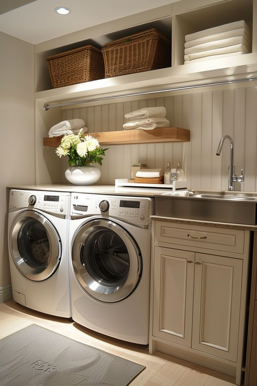 Modern laundry room with a sink, white cabinetry, two washing machines, and shelves with towels and baskets.