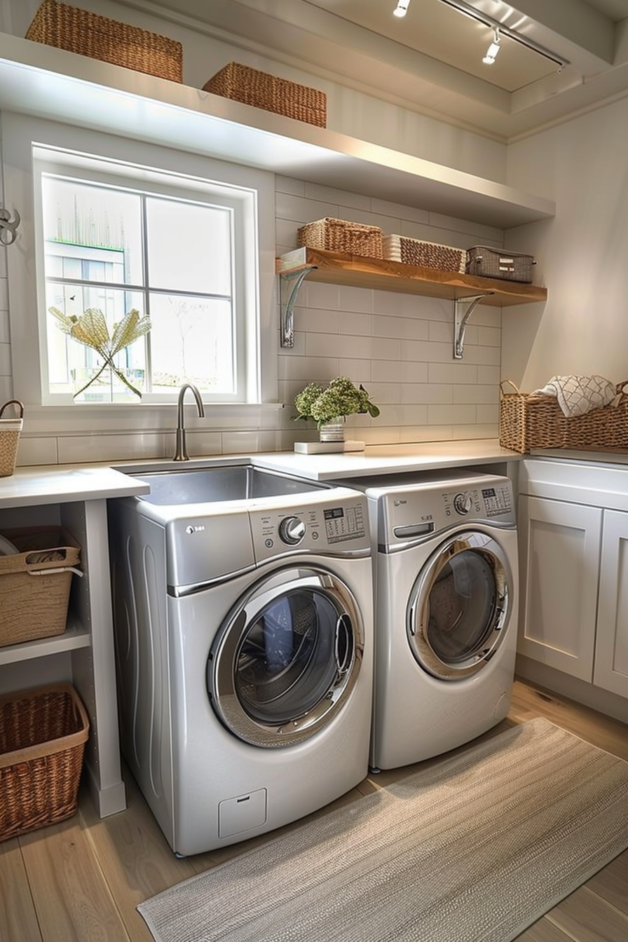 A modern laundry room with a front-loading washer and dryer, wooden shelves with baskets, and a window with natural light.