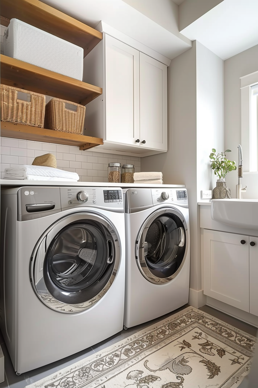 Modern laundry room with front-loading washer and dryer, white cabinets, wooden shelves, and a patterned rug.