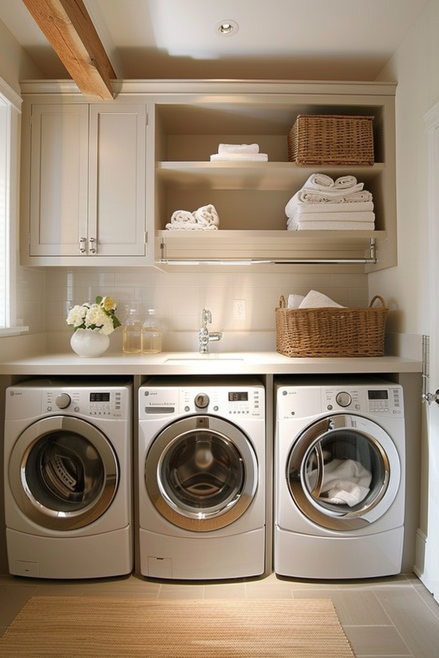 A tidy laundry room with a front-loading washer and dryer, beige cabinets, and neatly folded towels on shelves.
