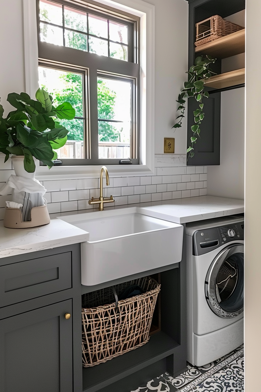 Modern laundry room with grey cabinets, white sink, gold faucet, washing machine, and plants near a window.
