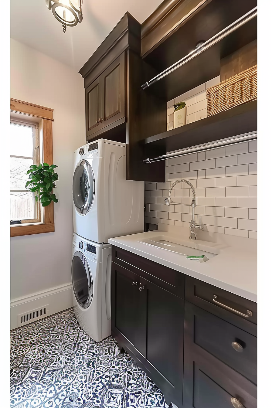 Modern laundry room with stacked washer and dryer, dark wood cabinets, white countertops, and patterned floor tiles.