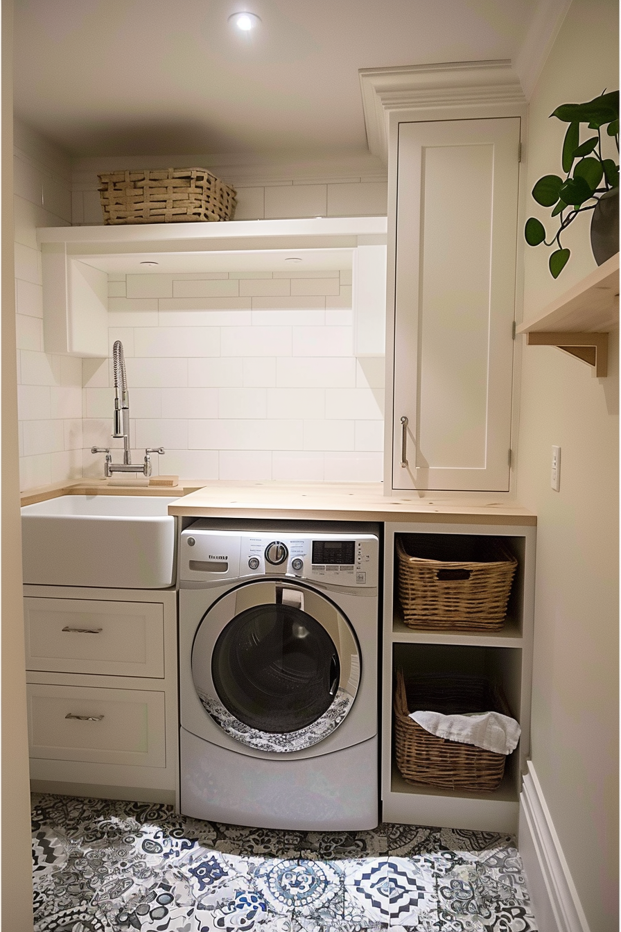 Modern laundry room interior with a washing machine, sink, wooden countertops, and wicker baskets.