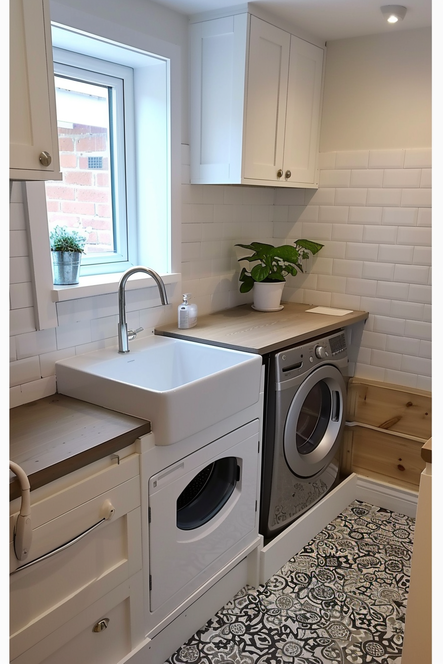 Modern laundry room with white cabinetry, farmhouse sink, washing machine, patterned floor, and green plants.