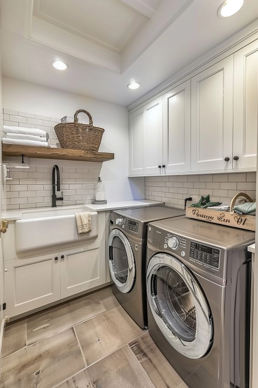 Modern laundry room with white cabinetry, a farmhouse sink, front-load washer and dryer, and subway tile backsplash.