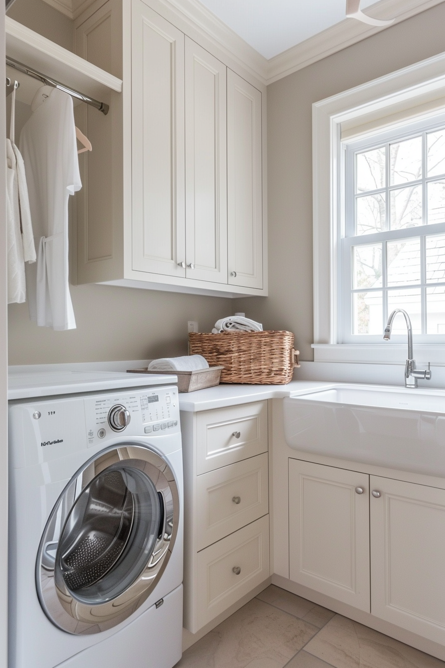Modern laundry room with white appliances, cabinets, and a window letting in natural light.