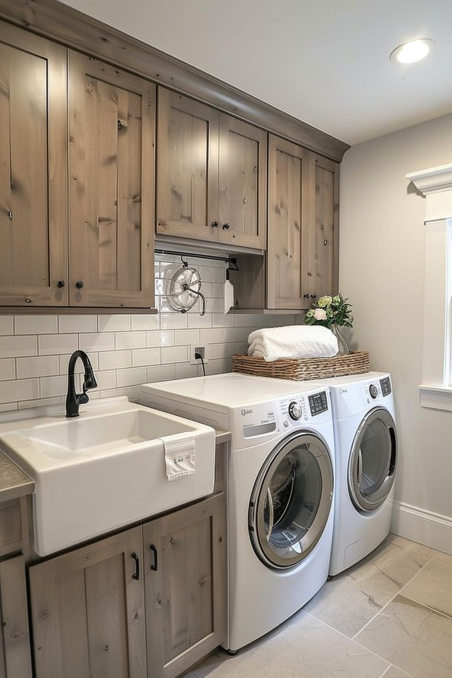 Modern laundry room with wooden cabinetry, white subway tiles, front-loading washer and dryer, and a farmhouse sink.