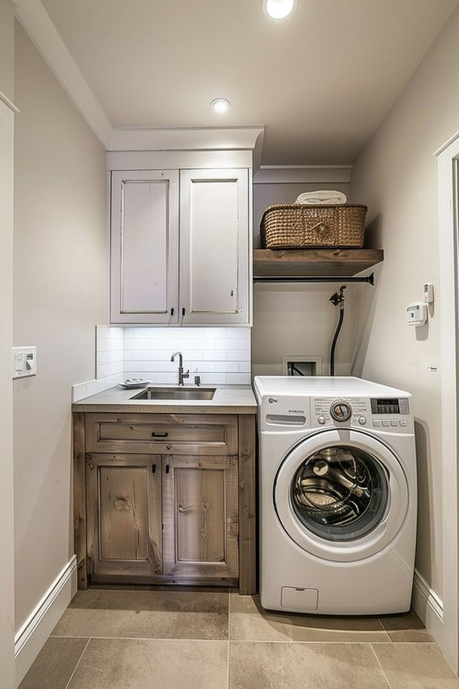 A modern laundry room with a front-loading washer, wooden cabinetry, a sink, and a basket on a shelf.