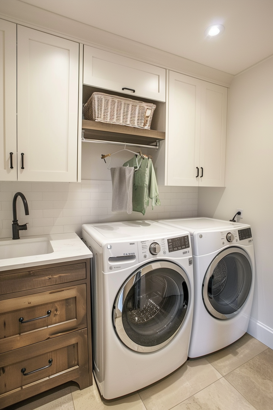 A modern laundry room with white cabinets, a farmhouse sink, and a wooden vanity above a washer and dryer set.