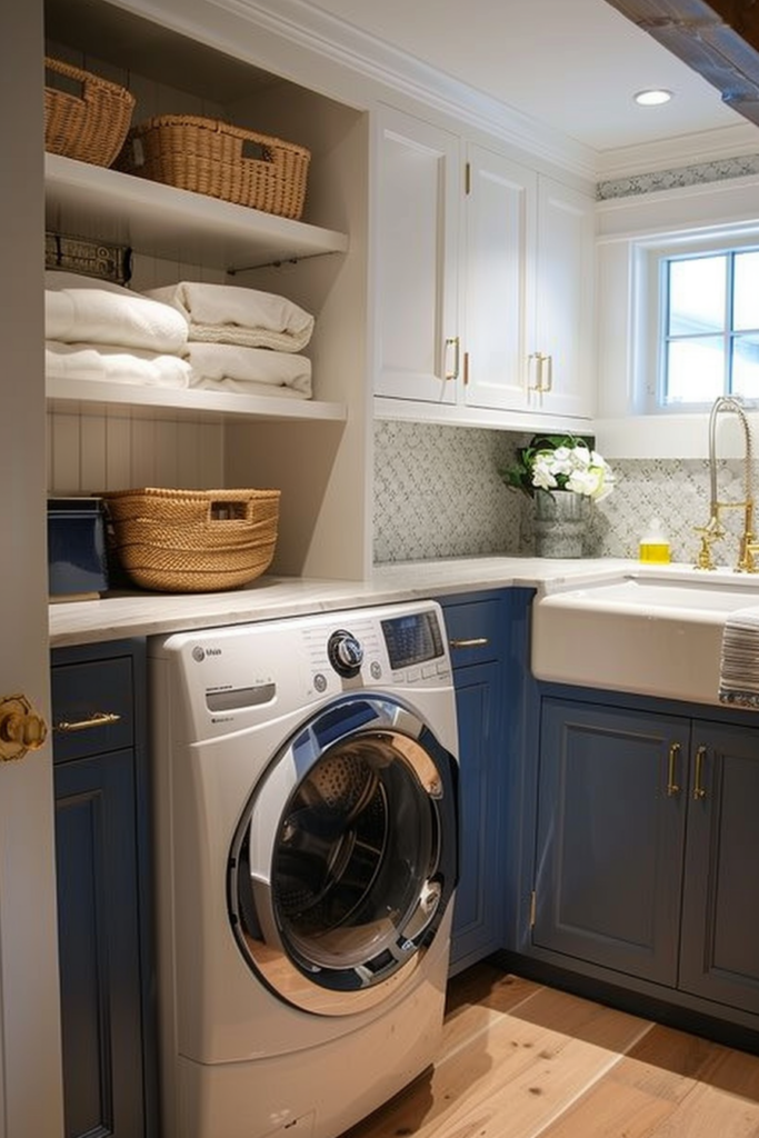 Elegant laundry room with blue cabinets, white washer, open shelving with baskets, and white flowers in a vase.
