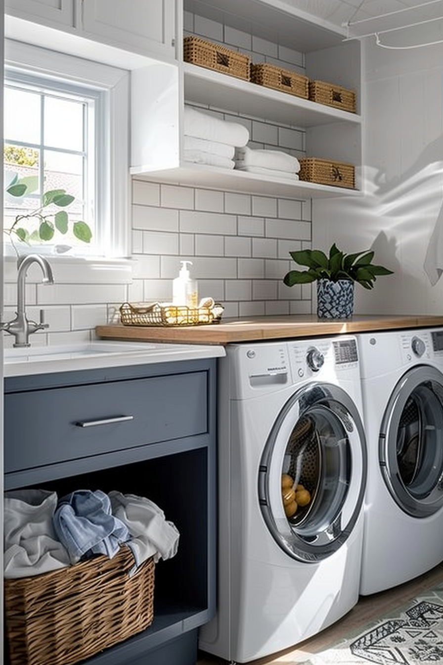 Bright laundry room with white appliances, blue cabinets, wooden countertops, and open shelves with baskets and linens.