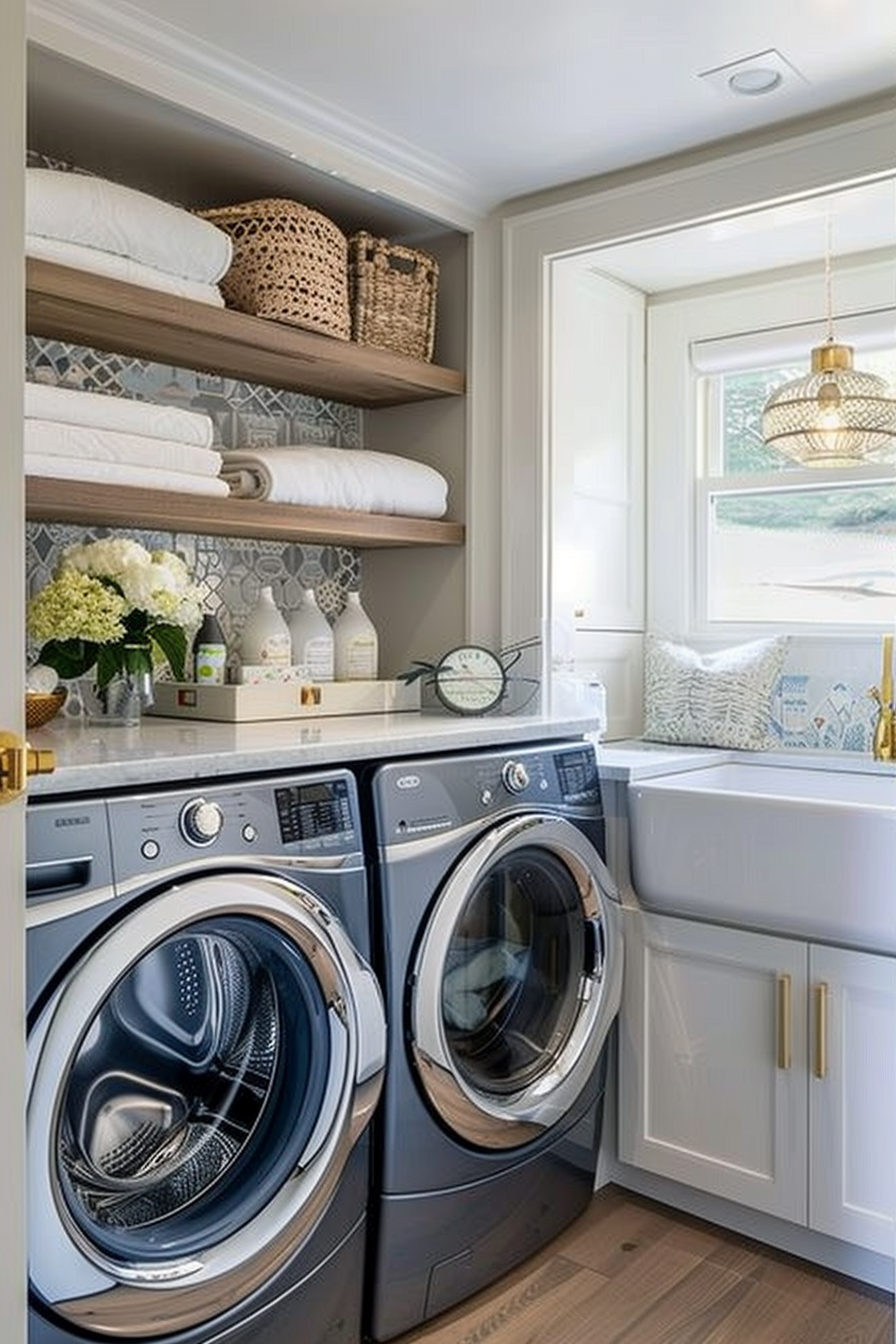 Elegant laundry room with stacked towels, front-loading washer and dryer, and decorative gold pendant light.