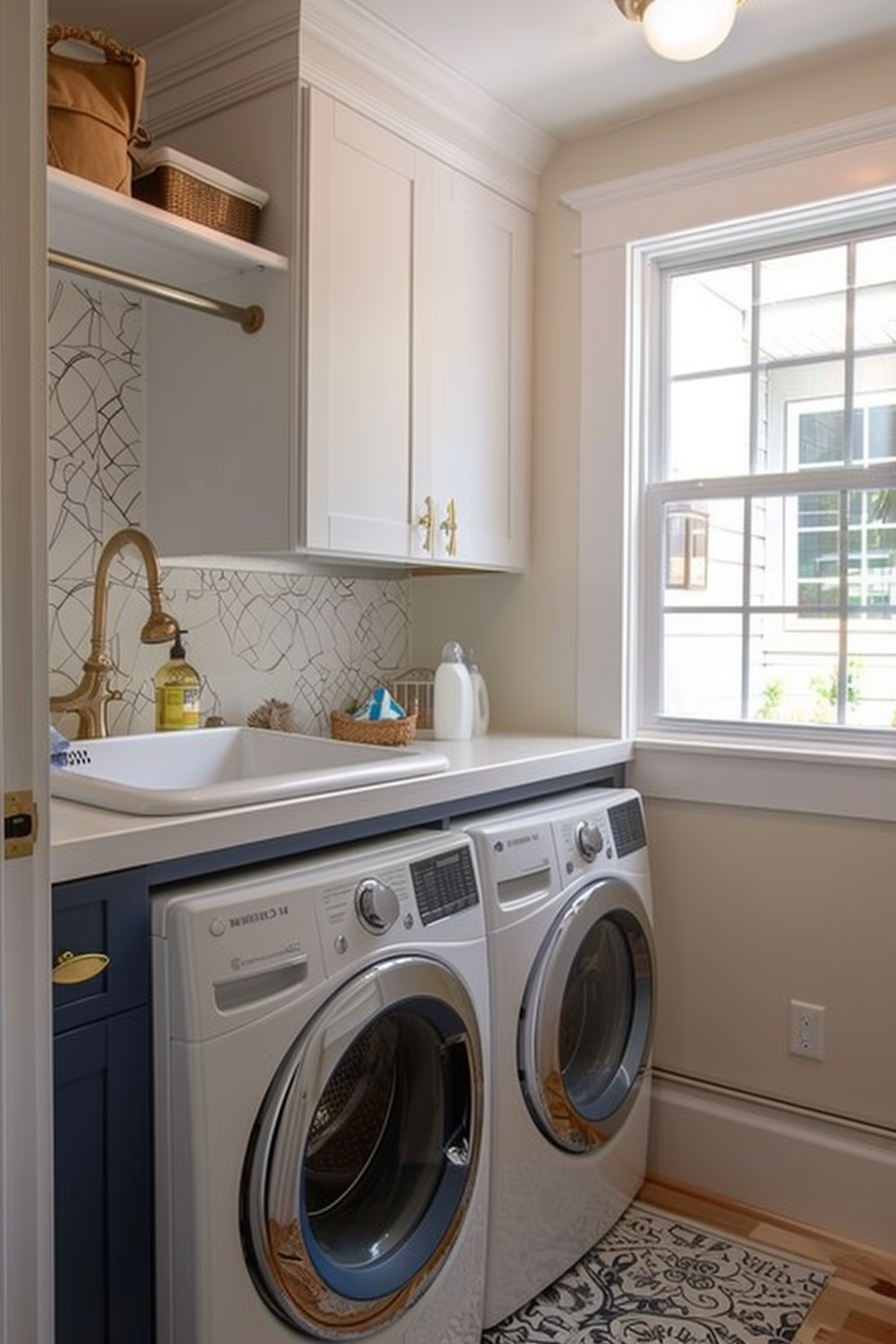 Modern laundry room with white cabinetry, patterned backsplash, and front-loading washer and dryer.