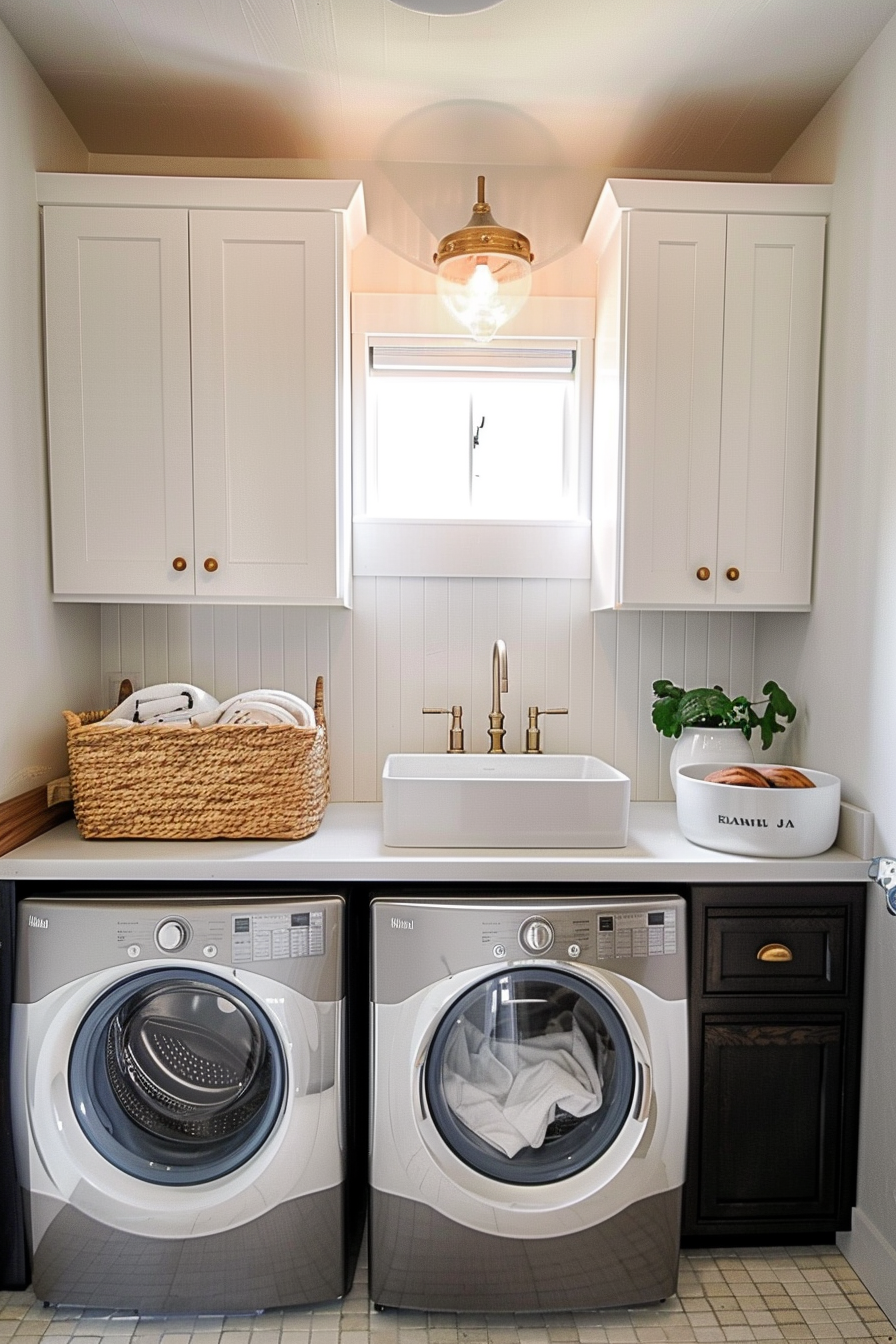 Elegant laundry room with white cabinetry, modern washer and dryer, and a farmhouse sink beneath a window.