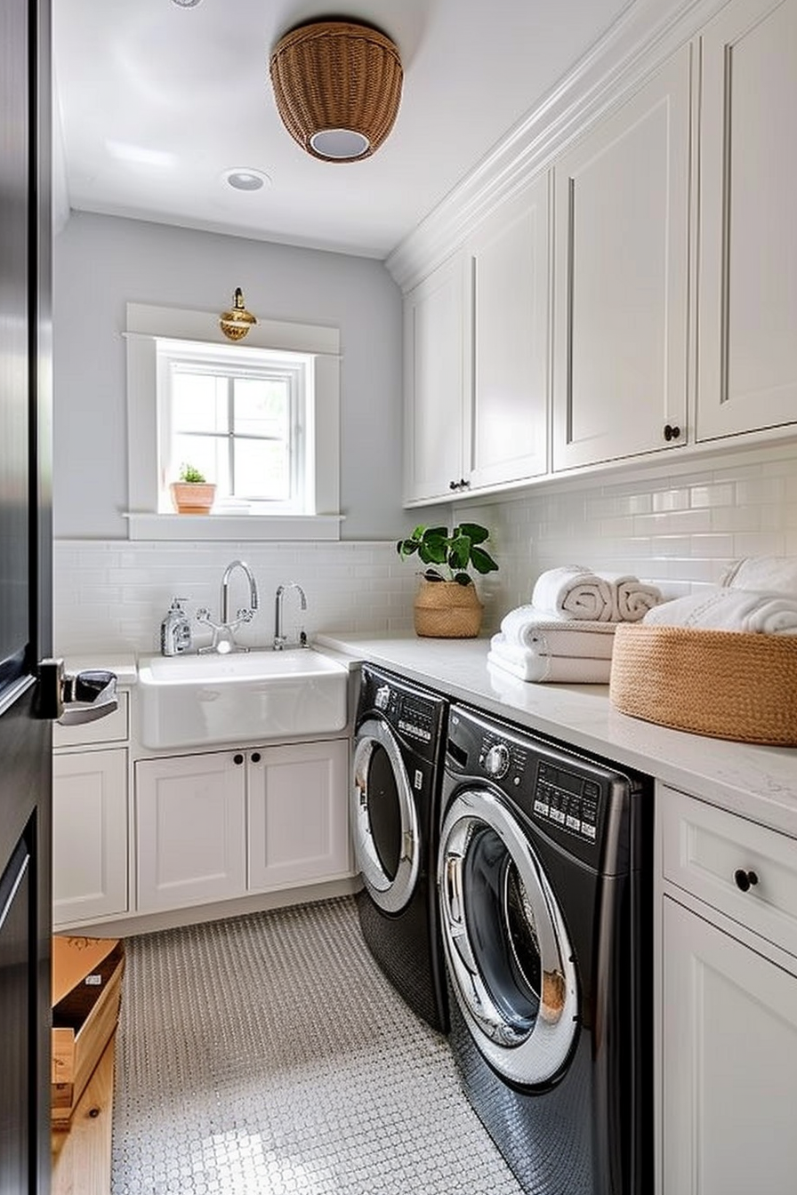 Modern laundry room with white cabinetry, front-loading washer and dryer, and wicker ceiling light.