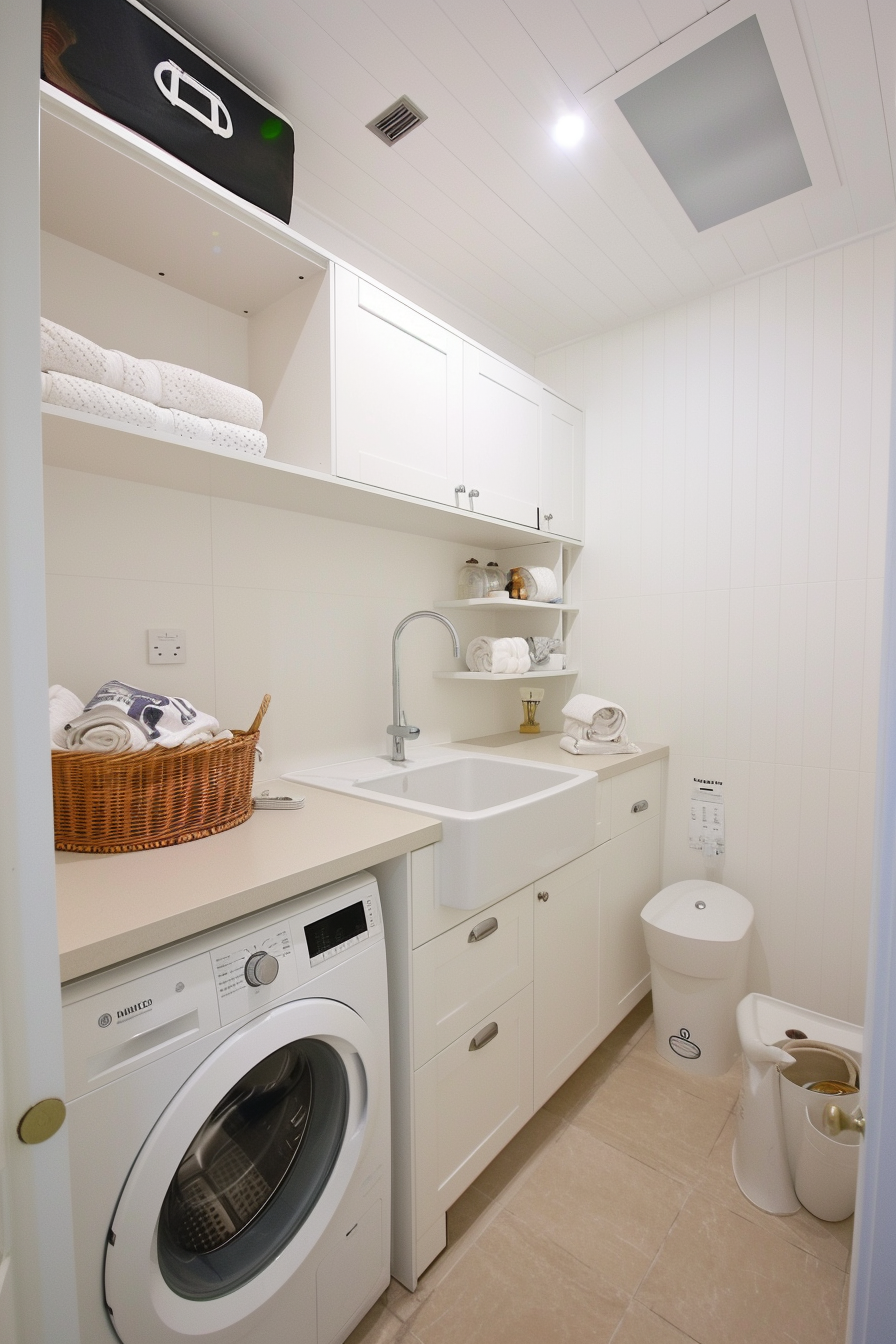 Modern laundry room interior with white cabinets, washing machine, sink, and towels on shelves.