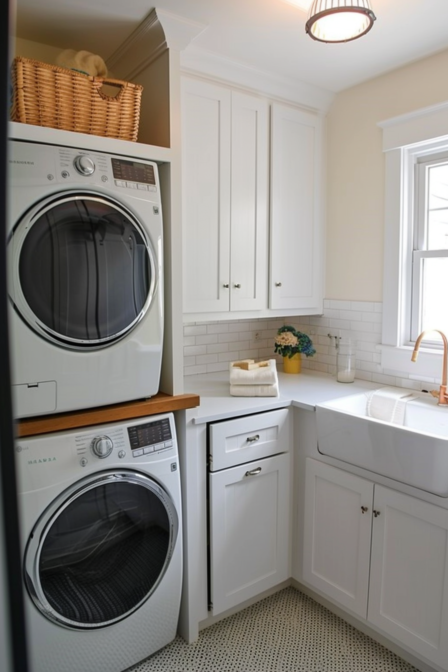 A bright laundry room with white cabinets, stacked washer and dryer, a sink, and a window letting in natural light.