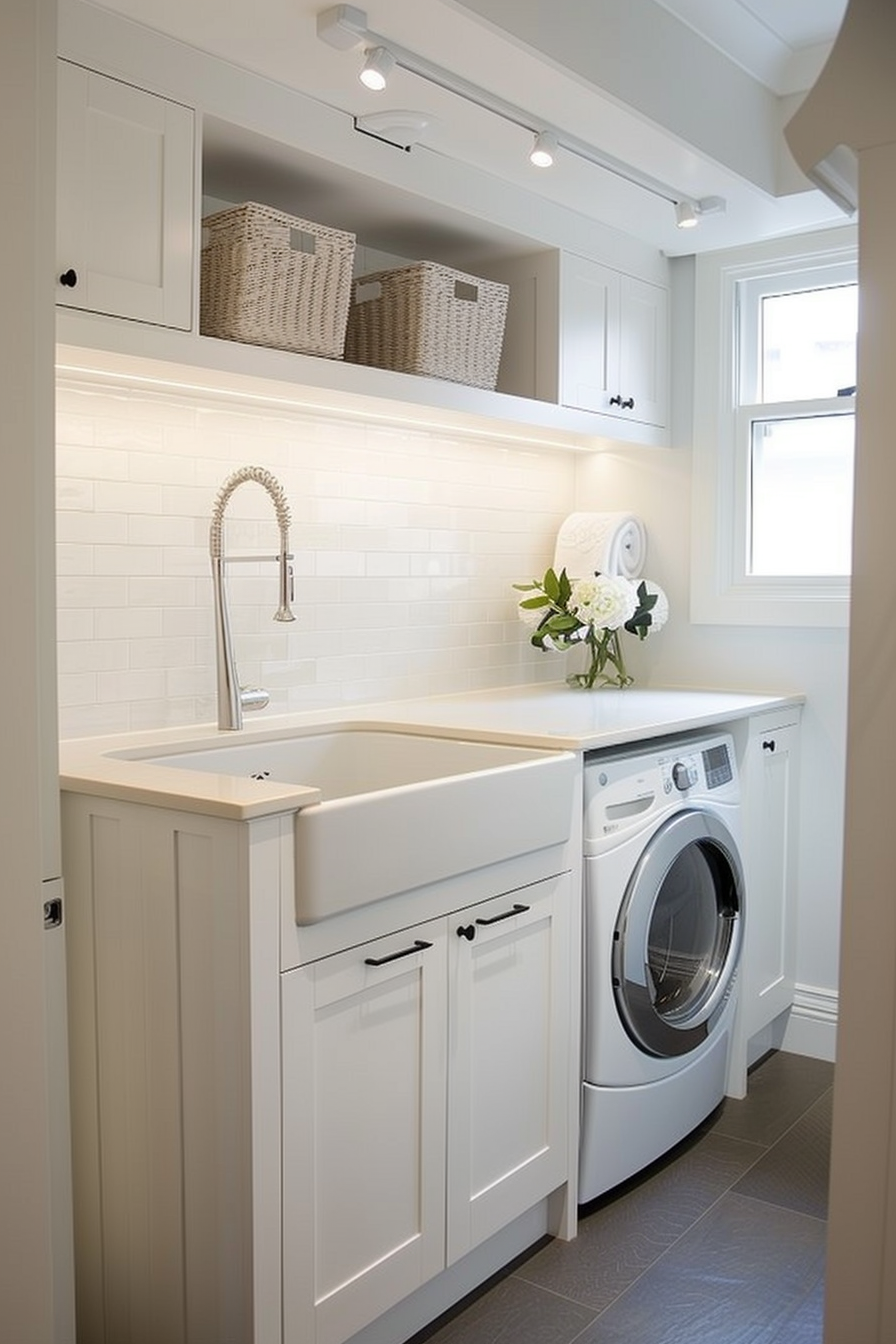 Modern laundry room with white cabinets, a farmhouse sink, front-loading washer, and recessed lighting.