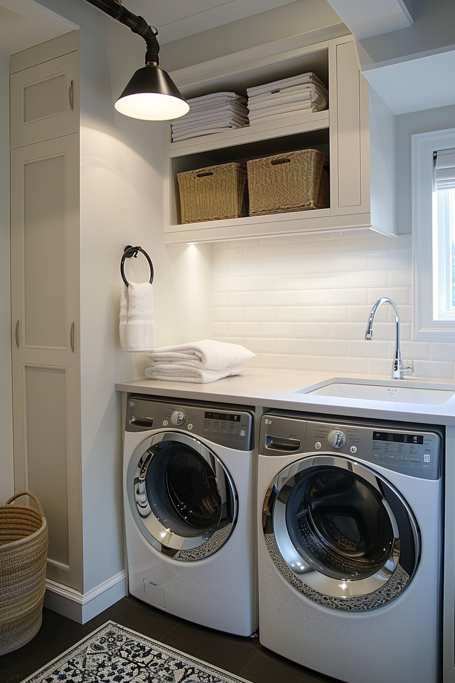 Modern laundry room with front-loading washer and dryer, white cabinetry, and a utility sink.