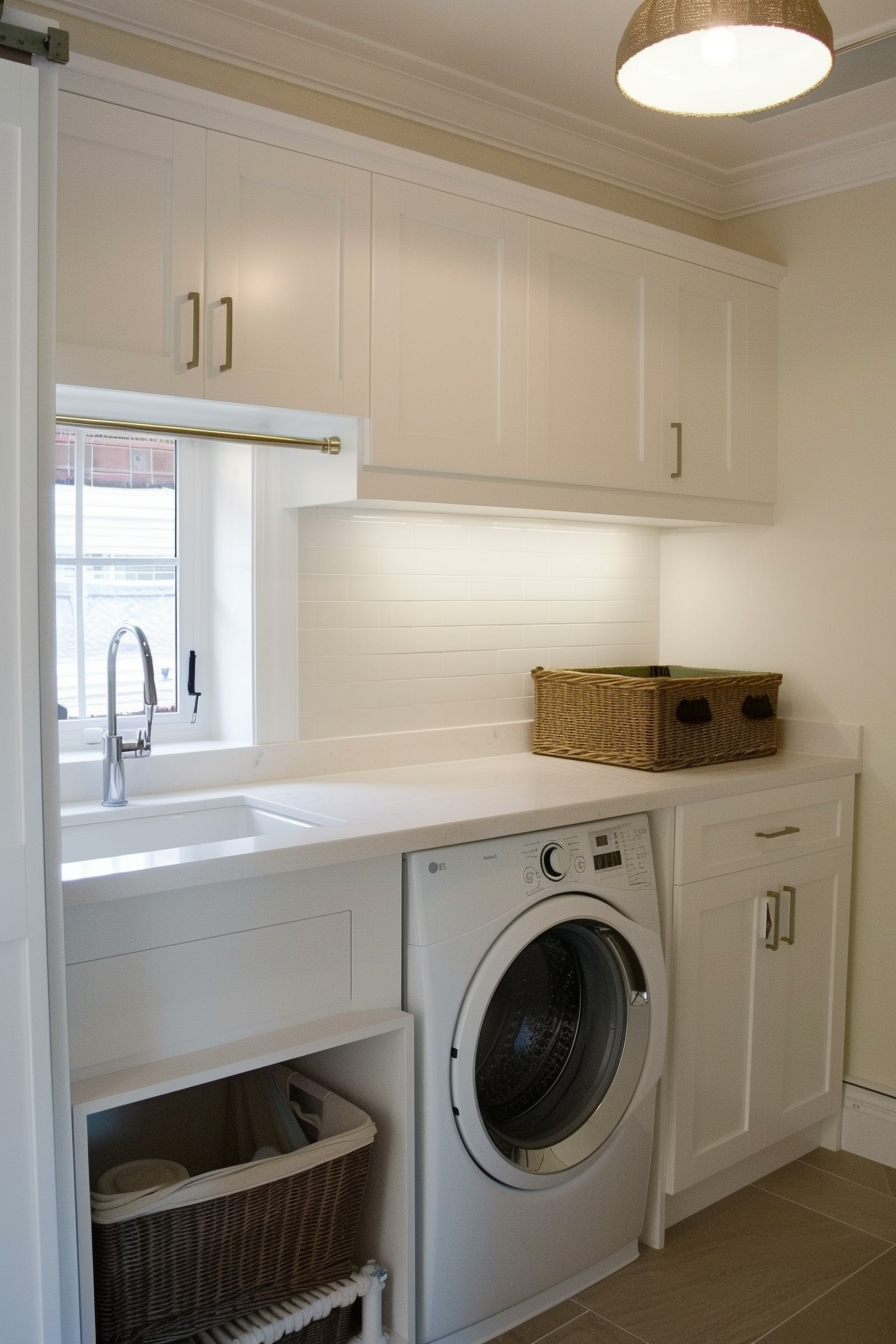 Modern laundry room with white cabinets, front-load washing machine, sink, and a wicker basket on the counter.