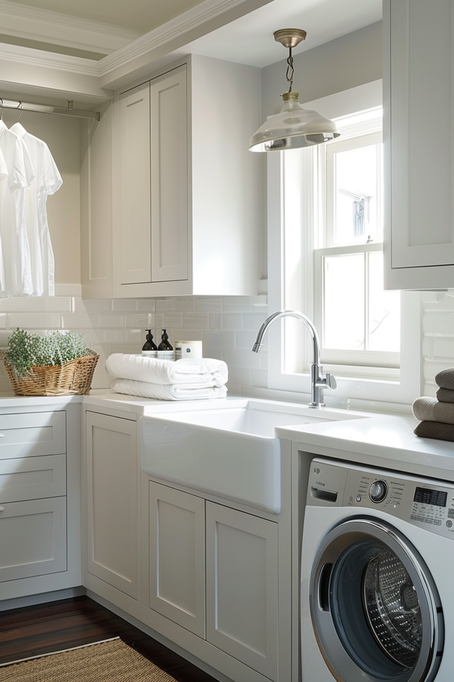 Bright laundry room with white cabinets, washer, and farmhouse sink beneath a window with natural light.