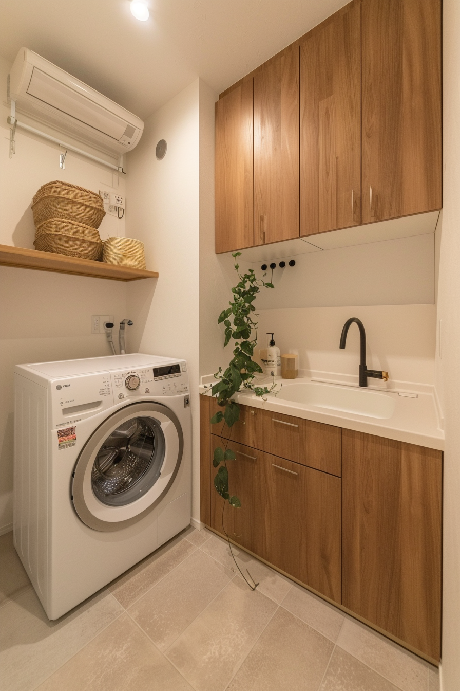 Modern laundry room interior with a washing machine, wooden cabinets, sink, and potted plant.