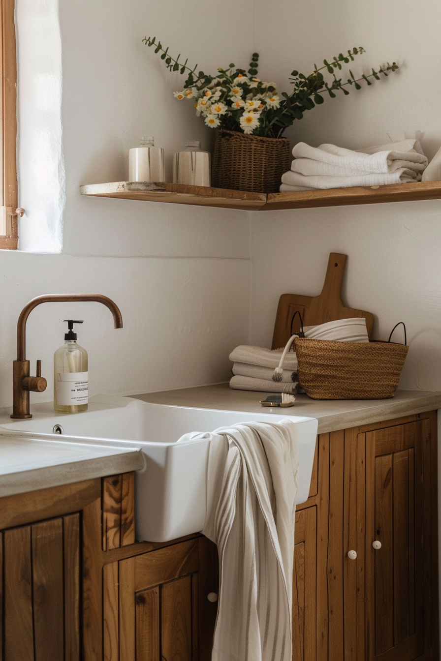 Cozy bathroom interior with wooden cabinets, a white sink, bronze faucet, and decorations including flowers, towels, and baskets.