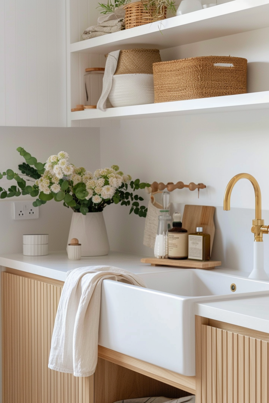 Modern kitchen interior with white farmhouse sink, gold faucet, and wooden accents with shelves of woven baskets and a vase of flowers.