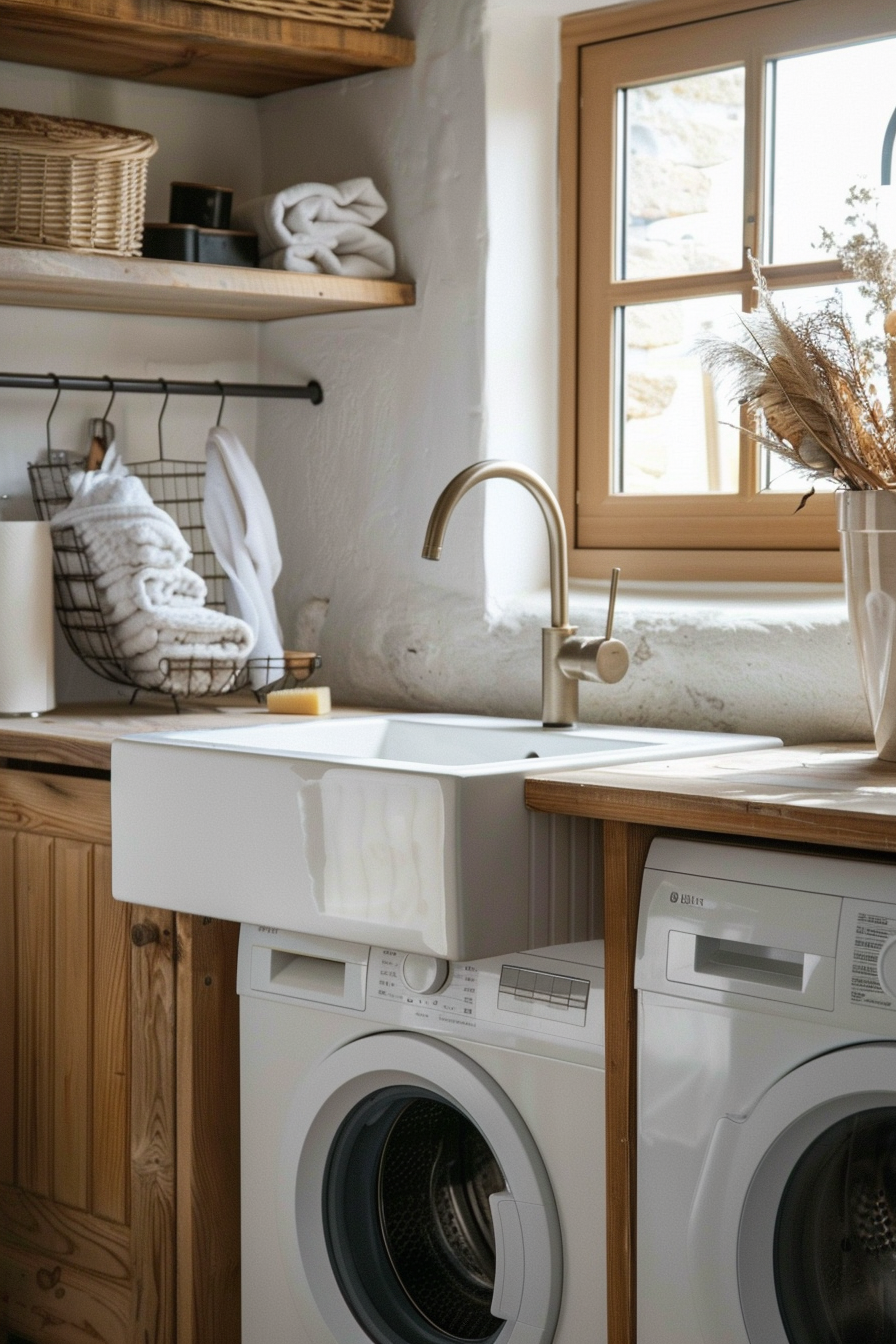 Cozy laundry room with a white farmhouse sink, wooden shelves, a window, and modern washing appliances.
