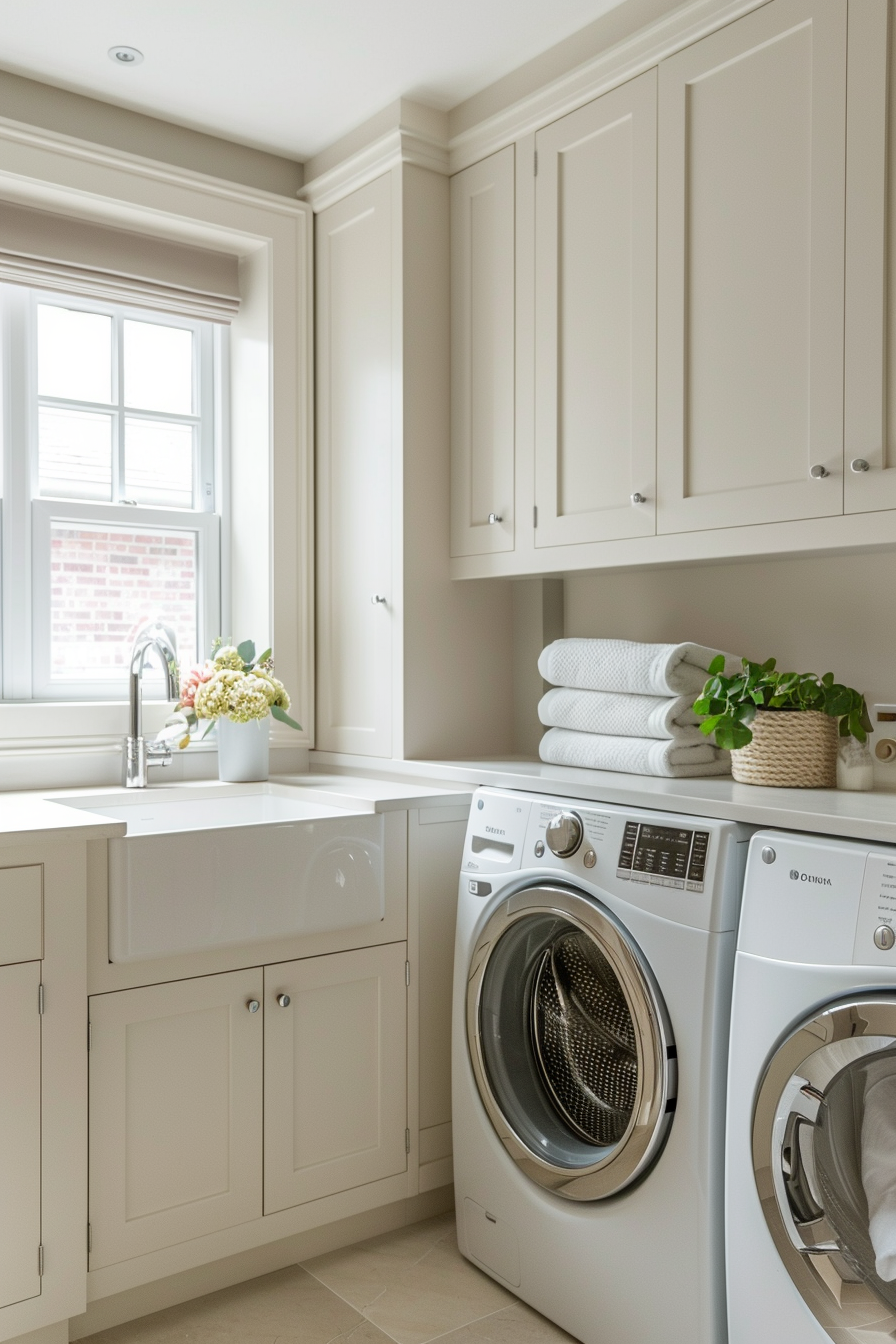 Modern laundry room with white cabinets, front-loading washer and dryer, and decorative plants.