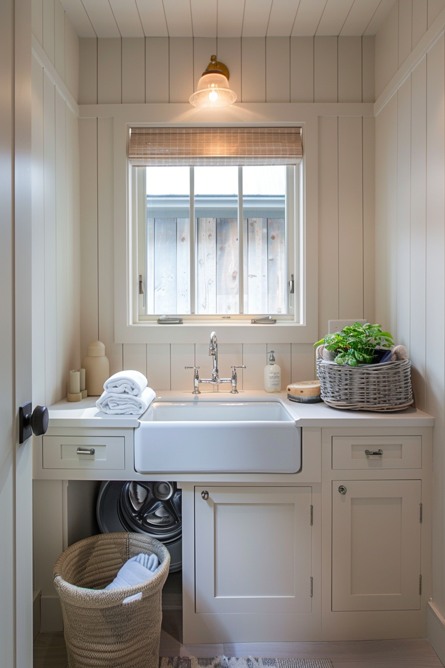 Cozy laundry room with a modern farmhouse sink, white cabinetry, wicker basket, and a front-loading washer.