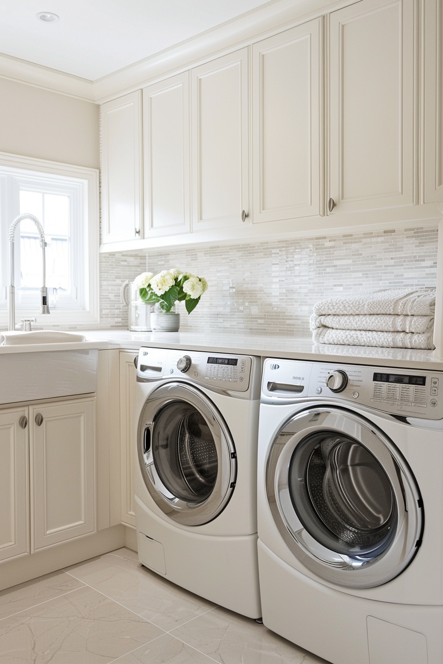 Bright laundry room with white cabinets, modern washing machine and dryer, tiled backsplash, and fresh flowers.