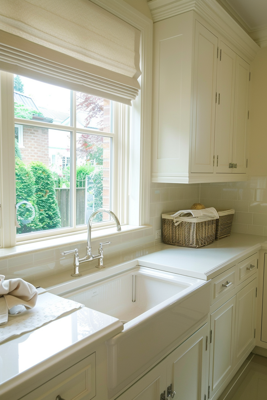 Bright kitchen interior with white cabinets, sink, and a window with a view of greenery outside.