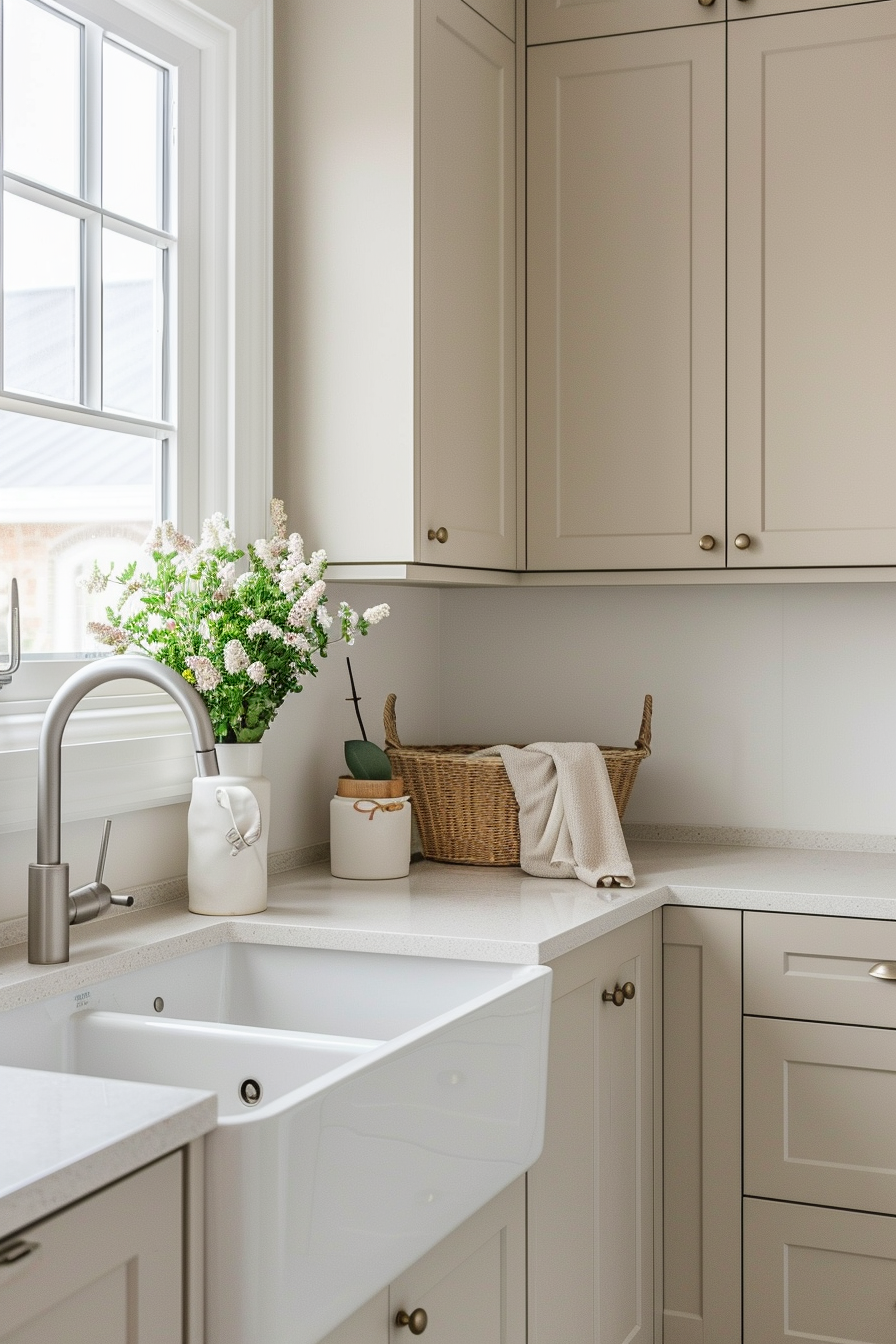 Bright kitchen corner with white cabinets, a farmhouse sink, and flowers on the countertop.