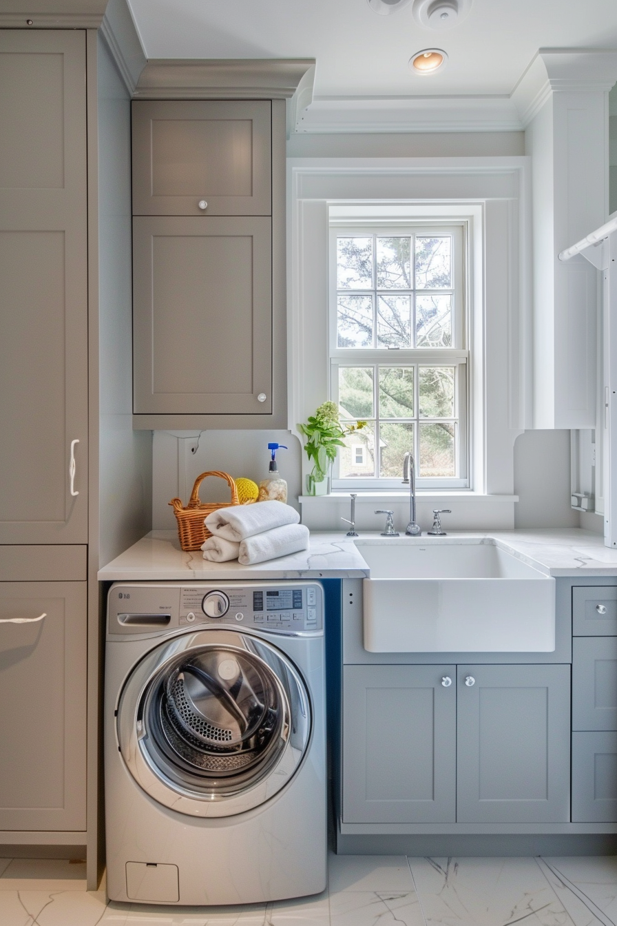 Bright laundry room with modern appliances, gray cabinets, a farmhouse sink, and a window overlooking trees.