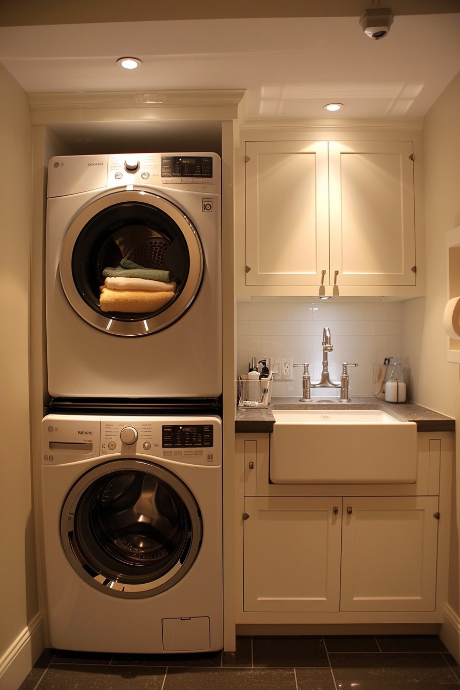 Stacked washer and dryer in a modern laundry room with white cabinetry and under-cabinet lighting.