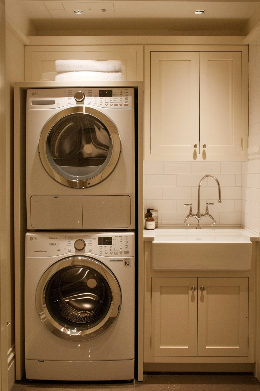Stacked washer and dryer next to a white farmhouse sink with cabinets in a tidy laundry room.