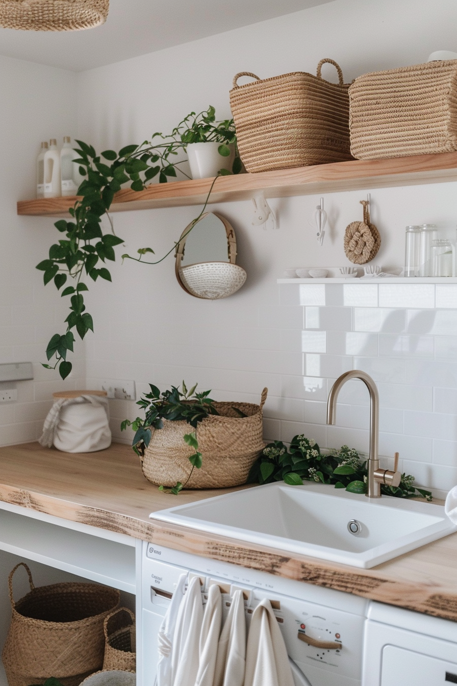 Cozy kitchen interior with wooden shelves, woven baskets, green houseplants, white subway tiles, and modern sink.